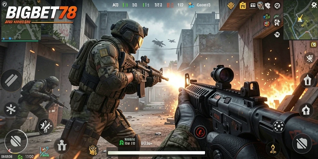 Tangkapan layar gameplay <strong>BIGBET78</strong> menunjukkan aksi tembak-menembak yang intens.