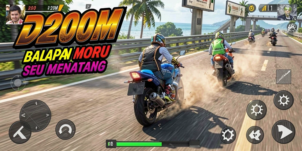 Screenshot gameplay D200M dengan aksi balapan motor yang mendebarkan.