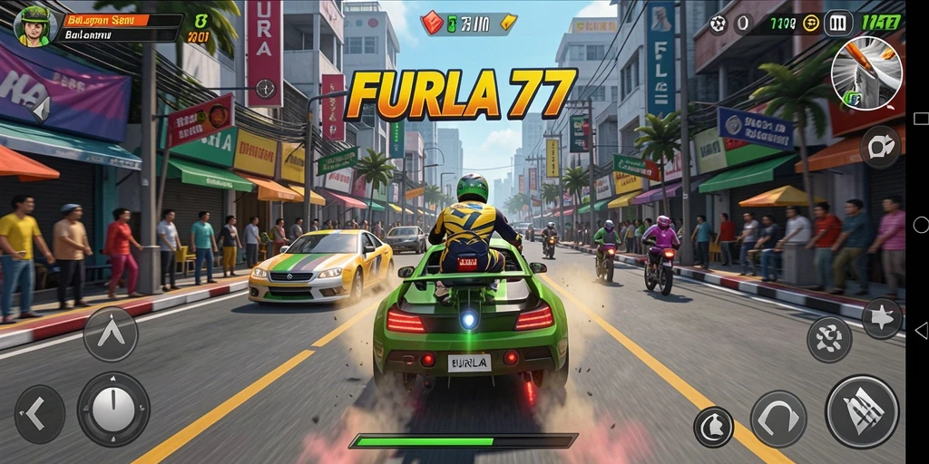 Screenshot gameplay FURLA77 menampilkan aksi balapan yang mendebarkan.