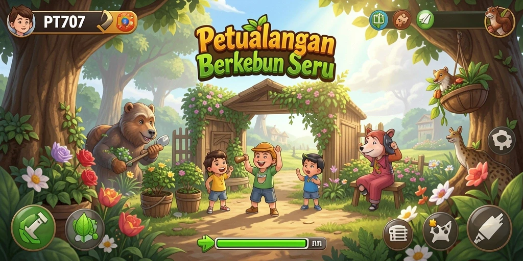 Screenshot utama PT707 menampilkan kebun yang subur dan aktivitas bertani yang seru.