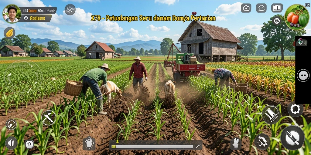 Tampilan gameplay seru X78 dengan berbagai aktivitas pertanian.